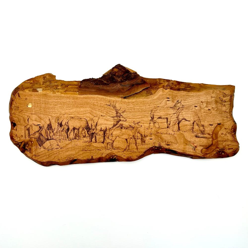 Fran Rehn Montana Deer Pyrography Live Edge Wood Burned Wildlife Lodge Wall Art
